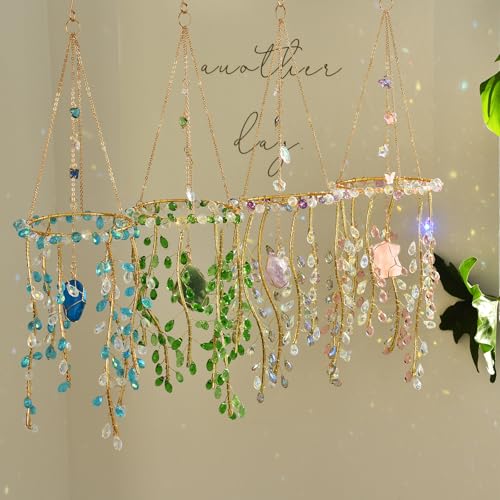 Crystal Hanging Suncatcher with Natural Stone, 16.9 Inch Decorative Wind Chime, Gold Chain & Branch Design (Green) Green