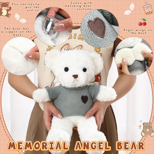 Kenning Cremation Keepsake Urn for Ashes Set, Memorial Bear with Mini Urn & Spoon, Acrylic Heart Memorial Plaque, Angel Wing Bracelet, Sympathy Bereavement Gift for Loss of Loved One or Pet (White) White