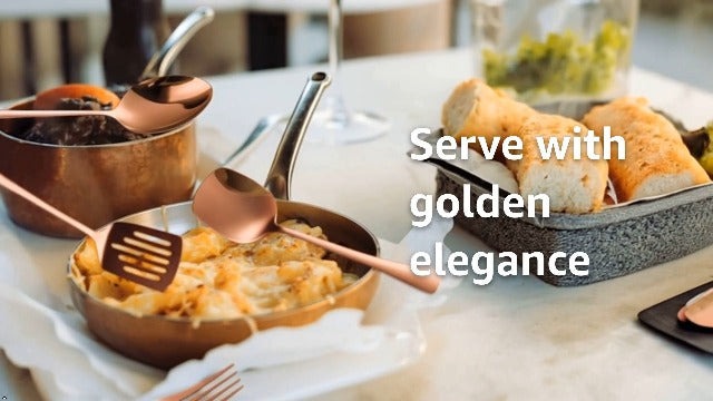 Copper Serving Utensils Set - Rose Gold Stainless Steel Flatware Set 11- Pieces Cake Knife Serving Fork Spoon Skimmer Pasta Ladle Spatula Perfect for Home Kitchen and Special Occasions 11 Pieces-Rose Gold/Copper