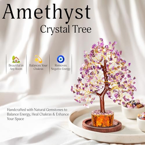 YATSKIA Amethyst Crystals Tree of Life - Spiritual Decor - Good Luck Gifts - Meditation Accessories - Chakra Stones - Money Tree - House Warming Gifts for Home Purple