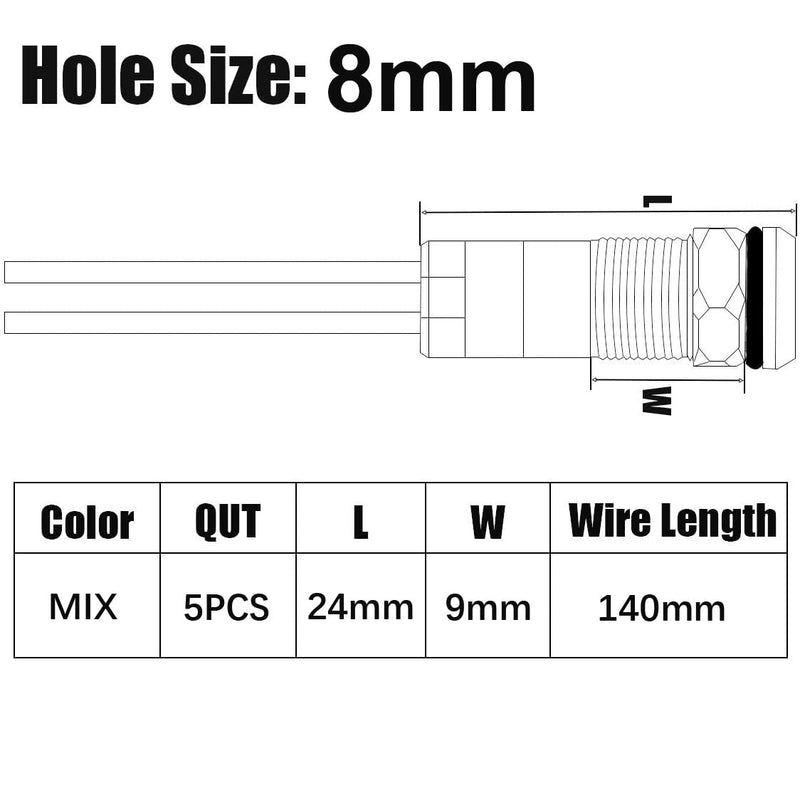 [Australia - AusPower] - 5pcs 8mm LED Metal Indicator Light AC/DC 12-24V Waterproof Signal Lamp Pilot Dash Directional with Wire Multicolored AC/DC 12-24V 