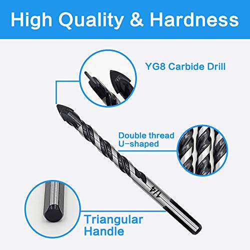 [Australia - AusPower] - 10-Piece Masonry Drill Bits Set for Tile Glass Ceramic Brick Wood, 1/8 to 1/2 Inch Drilling Bits with Triangle Handle, YG8 Tungsten Steel Alloy Tip.?Black? 10 Piece Masonry Drill Bit 