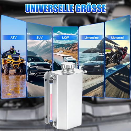 2L Aluminium Expansion Tank Coolant Overflow Tank - Universal Radiator Water Box, with Magnetic Drain Valve, Viewing Hose & High Temperature Resistant, Ideal for Vehicle Tuning 2L silver