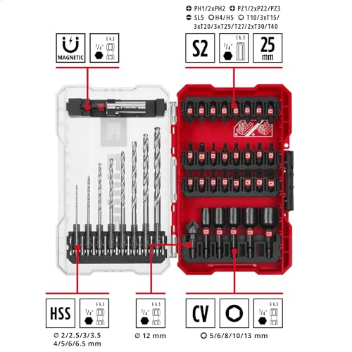 Original Einhell M-CASE 39-piece impact-resistant accessory set (25 mm bits, metal drill bits, 60 mm bit holder, socket spanner, countersink incl. storage box) 39-piece bit set 25 mm incl. metal drill bit
