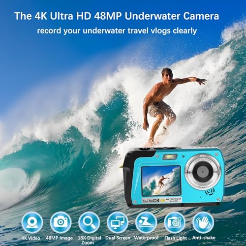 4K Underwater Camera, Full HD 4K&48MP Compact Floatable Camera, 10FT Waterproof Camera for Snorkeling, Surfing, Rafting, Dual-Screen for Selfie/16X Digital Zoom/Fill Light/Support 128GB Card(Blue) Blue