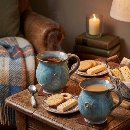 Castle Arch Pottery Irish Pottery Coffee & Tea Mugs. Set of Two Hand-Thrown Cups 300ml with Celtic Spiral Motif - Handcrafted In Ireland - Lead & Cadmium Free, Irish Gifts For Men & Women Brown