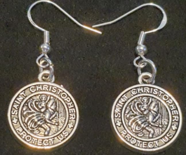 Royal Swan Antique Silver SAINT CHRISTOPHER PROTECT US Medal Earrings on Sterling Silver Hooks in a Velvet Gift Bag. Traveller Travel Protection Jewelry