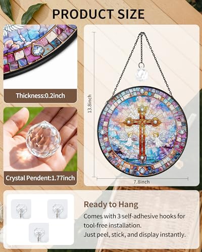 7.8" Christian Angel Cross Stained Glass Window Hanging Cross&angel 7.8 inch