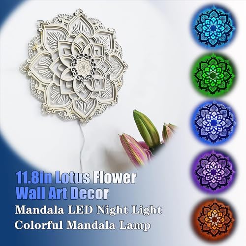 Wooden Mandala Wall Art, Lotus Flower Wall Decor with Led Light