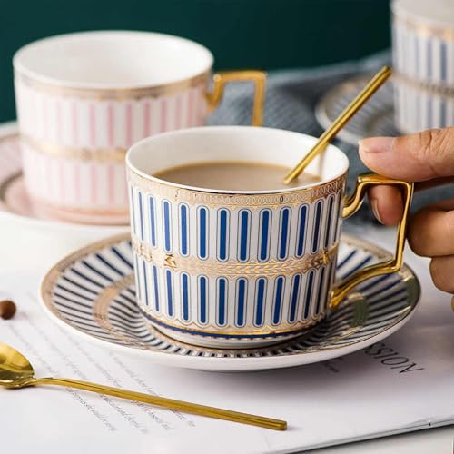 8.45oz European Ceramic Coffee Cup & Saucer Set of 2 with Handle & Gold Spoons, Stripe with Gold Accents, for Latte, Tea, Cappuccino, Gift Boxed for Tea Party, Housewarming Gift (two blue) two blue