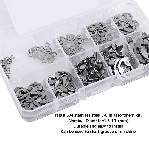 120Pcs 10 Size 304 Stainless Steel E-Clip Retaining Snap Opening Ring Circlip Kit 1.5/2 /3/4/5/6/7/8/9/10mm with Plastic Box