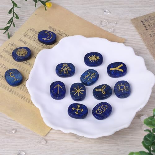 Set of 13 Rune Stones Engraved Gypsy Symbol Runes for Divination Blue
