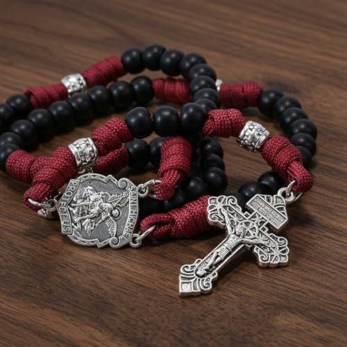 Nazareth Store St Michael Paracord Rosary Beads Rugged Rosary Necklace Strong Corded Catholic Pardon Crucifix Red Paracord