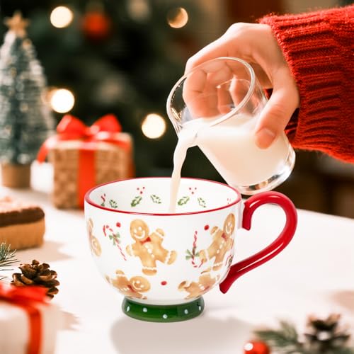 Christmas Ceramic Coffee Mug - 15 OZ Merry Christmas Gingerbread Man Coffee Cup with Spoon, Xmas Themed Tea Milk Drinking Mugs, Winter Holiday Cups Funny Gift for Women Men Children Kids Family