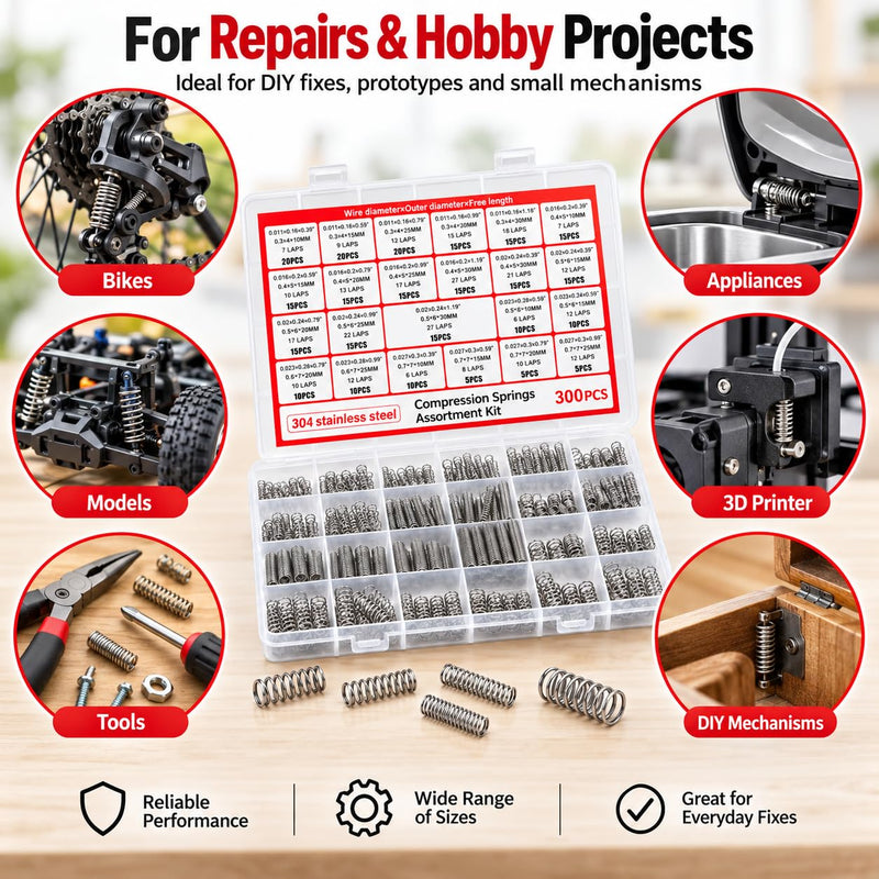 Assorted mini stainless steel compression springs in various sizes from Dianrui, arranged in a kit for DIY mechanical repair projects.