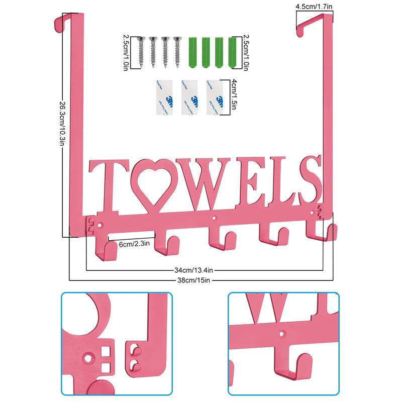 [Australia - AusPower] - Over The Door Towel Hooks, Metal Towel Racks, Heart Letter Towel Holder for Bathroom Door Hanger Hook Hanging Bath Towels, Head Towels, Robes Bathrobe Clothes, (Pink, Uppercase 5 hooks) Pink 