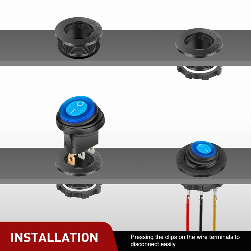 [Australia - AusPower] - Nilight 5PCS Waterproof Round Rocker Switch w/Wiring Harness Switches Holder 12V 24V Blue LED Lighted On Off Toggle Shell SPST 3Pin for Switch Panel Car RV Trucks Marine Boats Waterproof Switch + Switch Holder Automotive Switch 