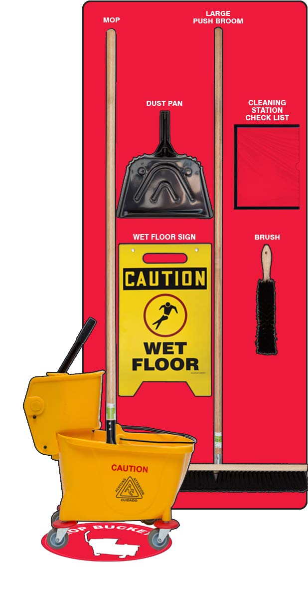 Accuform Clean & Mop Store-Board with Tools, Max-Duty Aluminum Material, Red Board, White Shadows PSB621RDWT Red/White