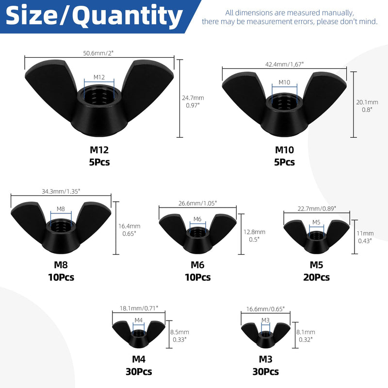 [Australia - AusPower] - Glarks 110Pcs 7 Sizes Black Wing Nuts Assortment Kit, M3, M4, M5, M6, M8, M10, M12, High Strength Nylon Butterfly Nuts, Wing Bolt Fasteners, Hand Twist Tighten Ear Wing Nuts 