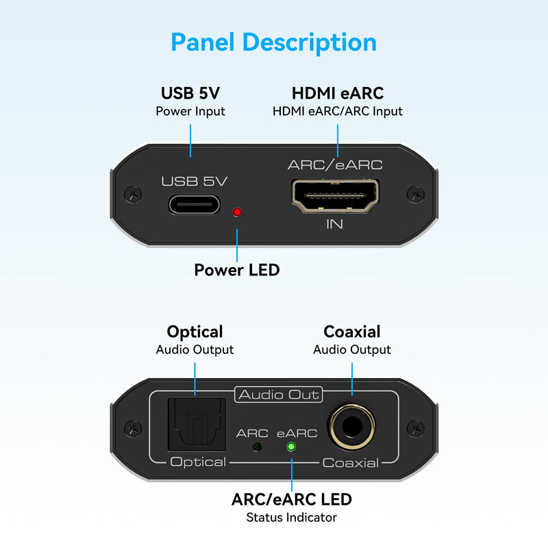 VPFET HDMI eARC Audio Extractor Only Work for HDTV ARC/eARC Audio Adapter Converter HDTV Audio Transmitted via Toslink+Coaxial ports Support 192KHZ for Soundbars Home Theaters and Audio Systems No CEC