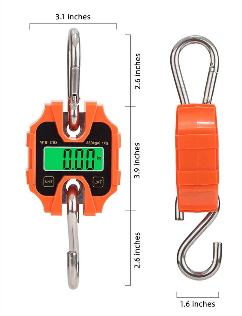 Klau Portable Crane Scale 250 kg / 500 lb Heavy Duty Digital Hanging Scales LCD Display with Backlight for Home Farm Hunting Outdoor Orange Stainless Steel