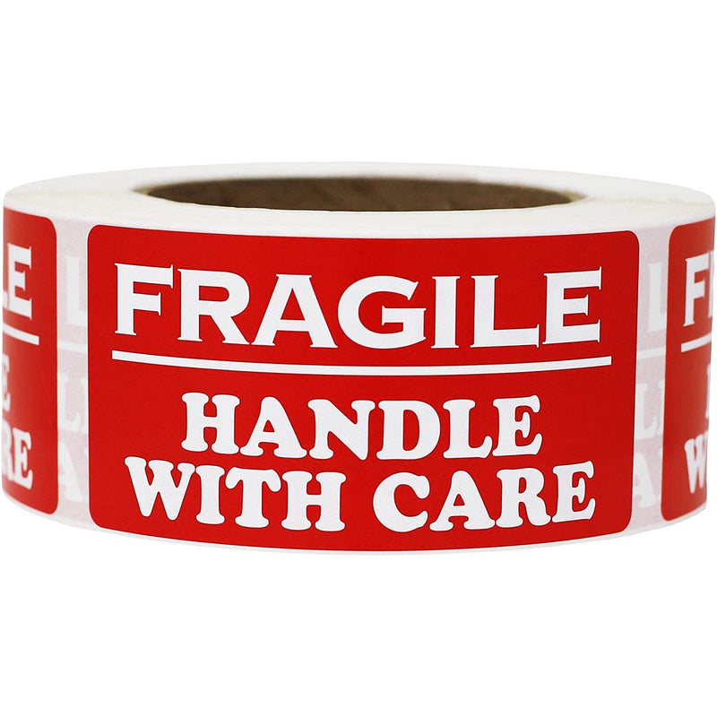 Fragile Handle with Care Labels – Red and White, 2 x 4 Inch Adhesive Stickers, 500 Total Labels Per Roll for Shipping, Packaging, Warehouses, and Inventory – Made in the USA