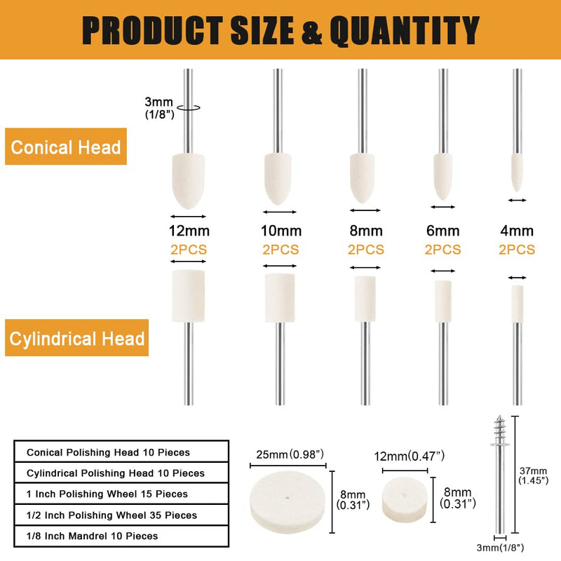 80 Pieces Wool Felt Polishing Discs, Wool Felt Mounted Mandrel Polishing Set with 1/8 Inch Shaft Polishing Accessories for Dremel Rotary Tool Jewellery Metal Glass