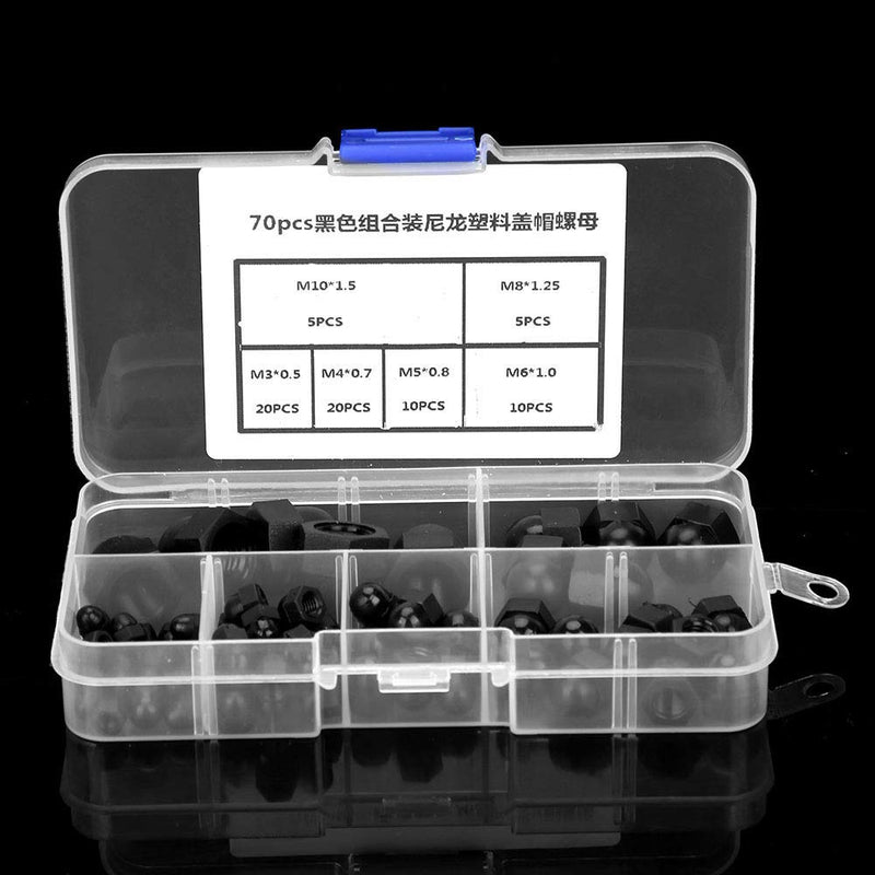 [Australia - AusPower] - 70pcs Hex Acorn Nuts Assortment Kit M3/M4/M5/M6/M8/M10 Nylon Acorn Nut Dome Head Hex Nuts(Black) 
