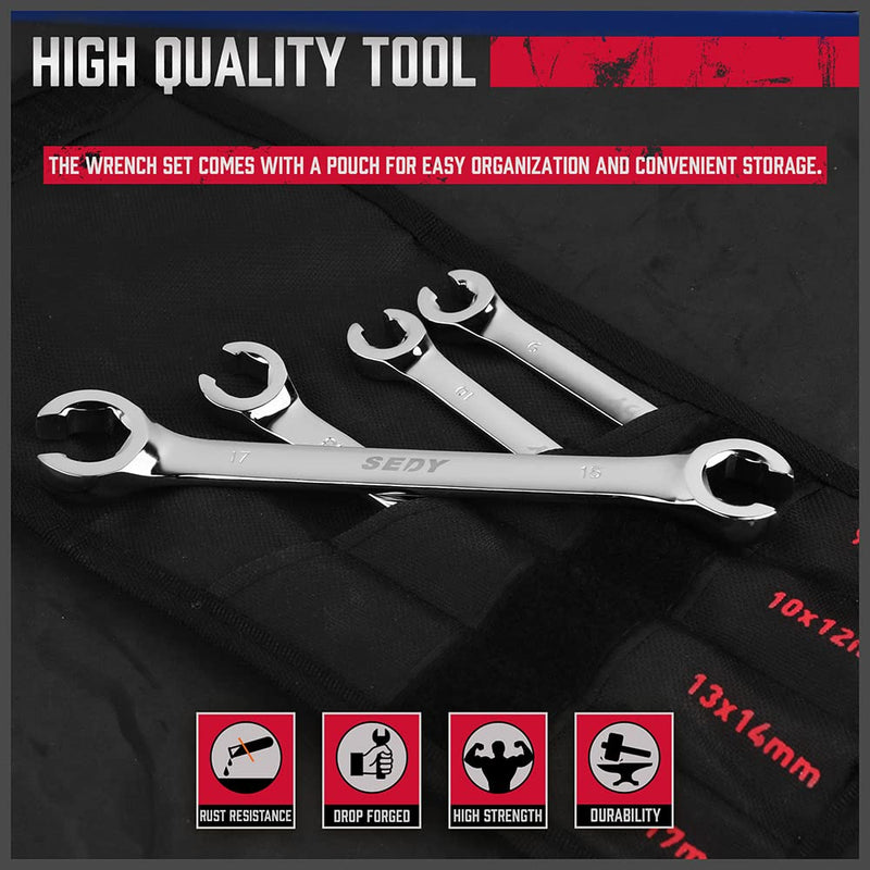 [Australia - AusPower] - SEDY 4-Piece Flare Nut Wrench Set, Offset End Spanner Metric 9 10 11 12 13 14 15 17mm, CR-V Steel Storage Pouch Repair and Remove Nuts on Fuel Tube Hose Transmission Line 