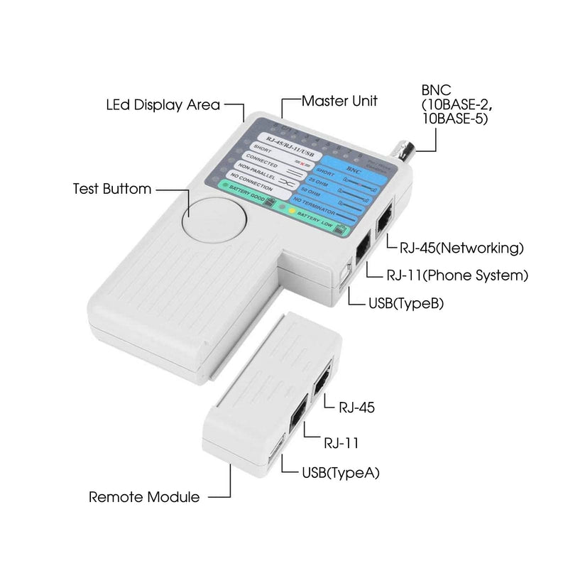 [Australia - AusPower] - Network Tester, RJ11 RJ45 Meter USB BNC 4-in-1 Portable LAN Network Cable Tester Remote Control Line Tester for UTP STP Cable Tracker 