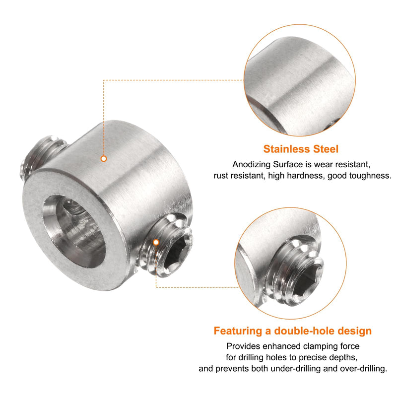 [Australia - AusPower] - 2pcs 4mm Drill Stop Collar Set Depth Stop, Adjustable Stainless Steel Drilling Limit Ring, Anodizing Surface Dowel Shaft Chuck Positioner with Hex Wrench, Silver 