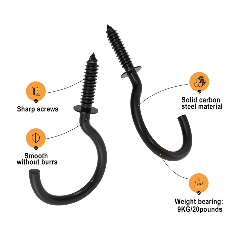 [Australia - AusPower] - 50 Pcs Screw Hooks, 1-1/4 Inch Black Cup Hooks Screw in Mug Hooks Metal Heavy Duty Screw Wood Wall Ceiling Hooks Plant Hooks Indoor Outdoor for Utensils Plants Baskets Lights Wreaths 50 