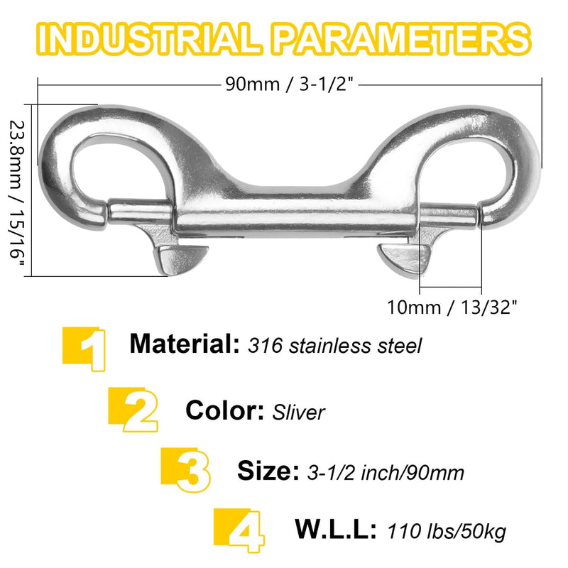 [Australia - AusPower] - Double Ended Bolt Snap Hook, 2-Pack 3-1/2 in 316 Stainless Steel Marine Grade Double End Trigger Snaps Metal Clips for Dog Leash, Key Chain, Horse Tack, Pet Feed Buckets, Diving 