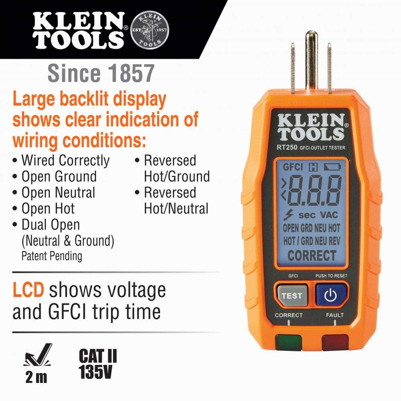 [Australia - AusPower] - Klein Tools NCVT2P Dual Range, Non-Contact Voltage Tester, 12-1000V AC & RT250 GFCI Outlet Tester with LCD Display, Electric Voltage Tester for Standard 3-Wire 120V Electrical Receptacles 