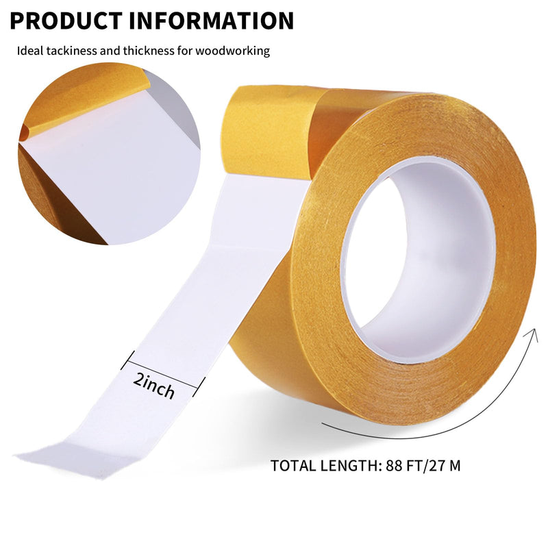 Double Sided Woodworking Tape - 2 Inch x 88 FT Heavy Duty Adhesive Tape for Carpentry, Cabinet Installation, Trim Projects Residue-Free Bonding Tape (1 Pack) Yellow 1