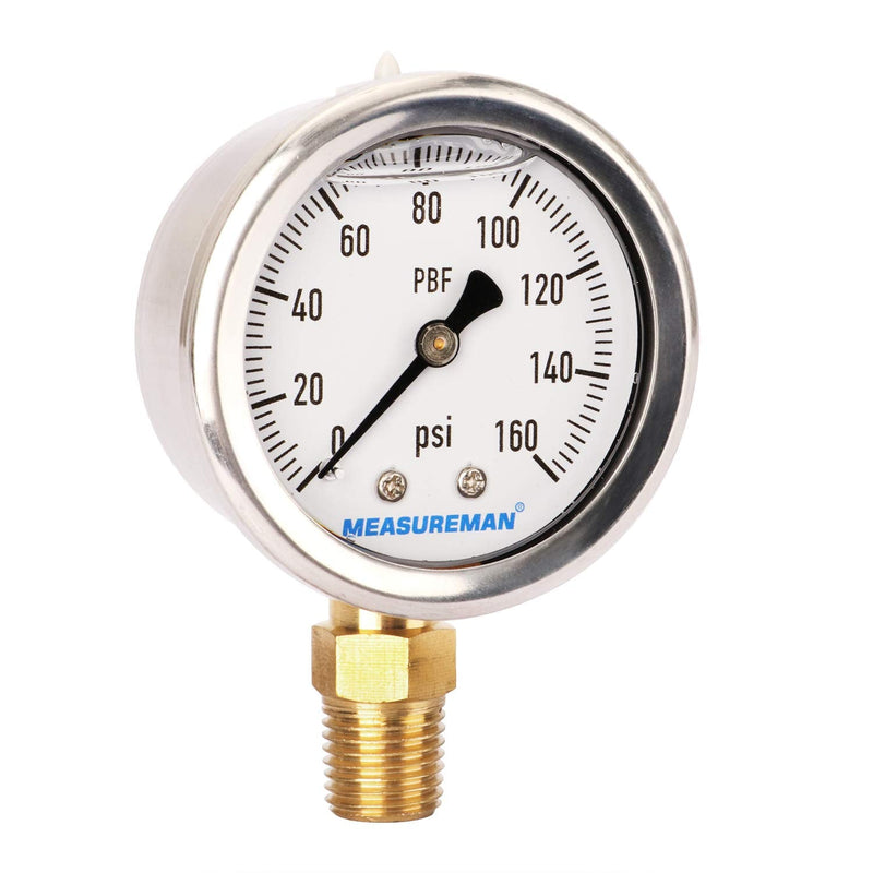 [Australia - AusPower] - MEASUREMAN Lead-Free Glycerin Filled Pressure Gauge, 0-160psi, RV Regulator Replacement Pressure Gauge, 2" x 1/4"NPT Lower, Stainless Steel Case, Brass Inside, 0-160 psi?RV? Lower Mount Single Scale 