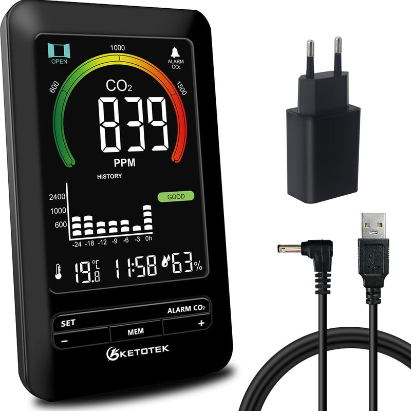 [Australia - AusPower] - KETOTEK CO2 Meter, CO2 Detector Room Air, Air Quality Meter with Alarm and Ventilation Recommendations, Monitor for Temperature, Humidity, CO2 Display with Graphical 