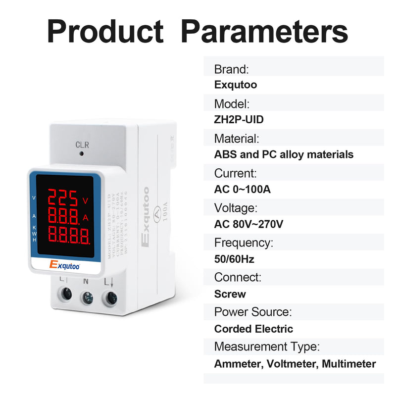 [Australia - AusPower] - Exqutoo Digital Display Energy Meter - AC Rail-Mounted Meter Electricity Usage Monitor for Voltage, Current, and Energy Consumption Measurement - GT2P-UID, AC 80~270V, 0~100A, 50/60Hz 3 Functions Digital Display 