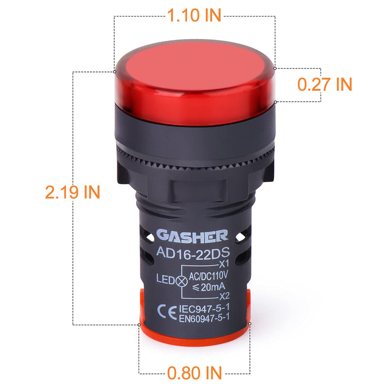 [Australia - AusPower] - GASHER 12V/24V/110V 20mA Energy Saving LED Indicator Light Mounting Hole Size 22mm (7/8 Inch) Green Yellow Red Blue White (24V) 10 Pcs 24V 