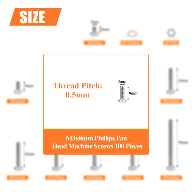 [Australia - AusPower] - 100 Pieces M3 x 8mm, Thread Pitch 0.5mm, 304 Stainless Steel (18-8) Phillips Pan Head Machine Screws, Fully Threaded 