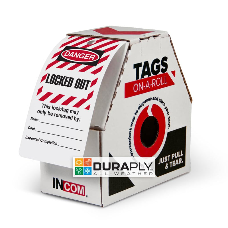 INCOM Manufacturing Lockout Tags-on-a-Roll, 6.25 Inch X 3 Inch X 10 Mil, Danger Locked Out, All-Weather DuraPly™ Stock, Waterproof and Tear-Resistant, Red/Black on White, 100 Pack, RT6027C