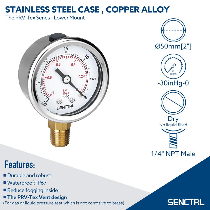 [Australia - AusPower] - 30inHg Vacuum Pressure Gauge, 2" Dial, 1/4 NPT Lower Mount, Waterproof, Stainless Steel Case, for Tube Tester, HVAC, Pneumatic Air Compressor, Hand Pump, Valve Test -30inHg-0 