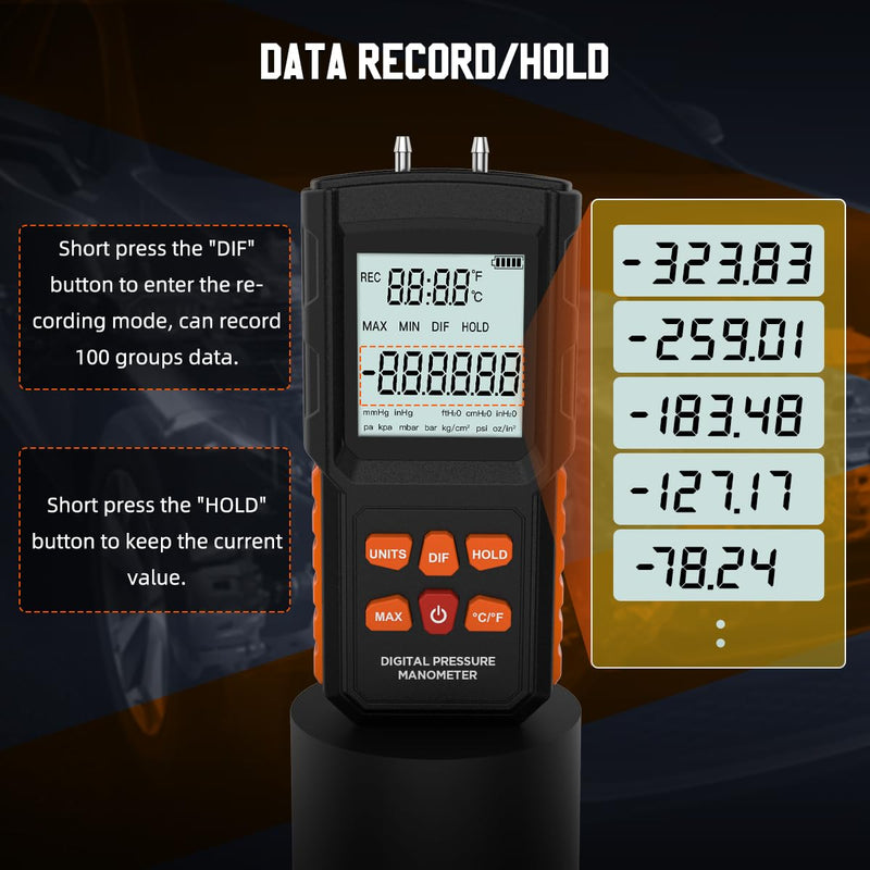 [Australia - AusPower] - Manometer, ±100 KPa Digital Manometer HVAC 12 Units Gas Pressure Tester ± 0.15% FSO Accuracy Updated Manometer with More Accessories 