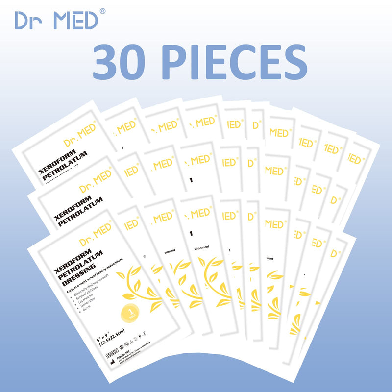 [Australia - AusPower] - Dr.Med Xeroform Petrolatum Dressing Patch, 5"x9"-30 Pcs/Box, Non-Adherent Gauze Dressings, for Minor or Partial Thickness Burns, Lacerations, Skin Graft Recipient Sites, Newly Sutured Wounds 5"x9" (30 Pcs/Box) 