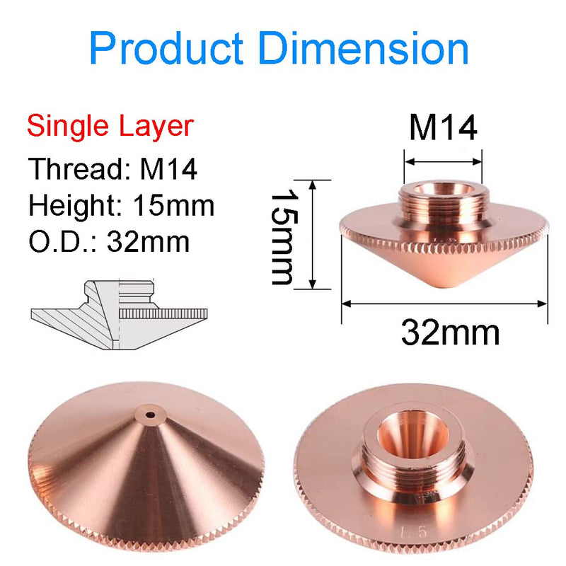 [Australia - AusPower] - MIMIRACLE Laser Nozzle for CO2 Fiber Laser Raytools Head D32mm Single Layer Caliber 1.5mm Brass 10PCS 