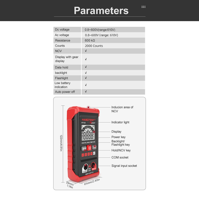[Australia - AusPower] - True RMS Multimeter 2,000 Counts HABOTEST HT123 Digital Multimeter Auto Multi-Meter 2,000 Counts True RMS Measuring ACDC Voltage Resistance NCV Test with LCD Backlight Flashlight Data Hold 