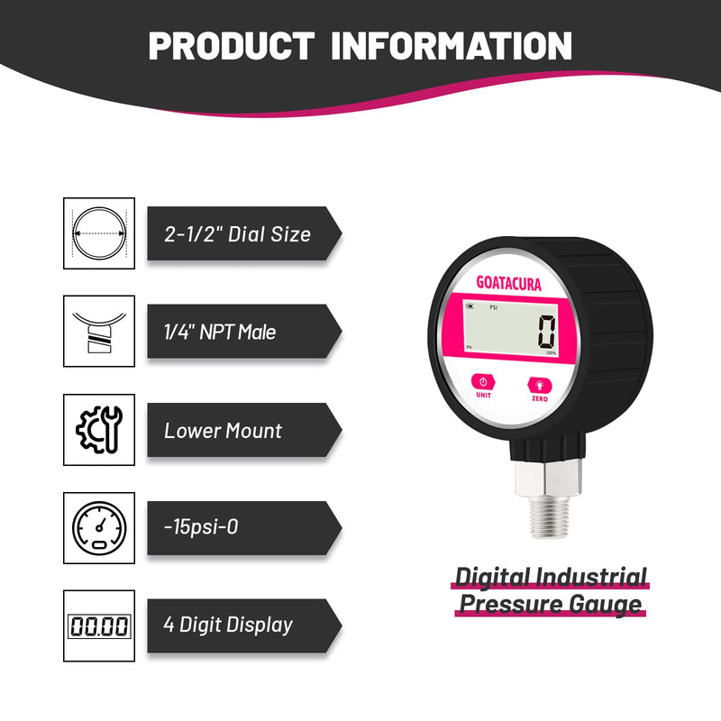 [Australia - AusPower] - -15psi-0 Digital Vacuum Industrial Pressure Gauge, 2-1/2" Dial Size, 1/4" NPT Lower Mount, 304 Stainless Steel Case and Connection, 1% High Accuracy, with Protective Sleeve -15psi-0 