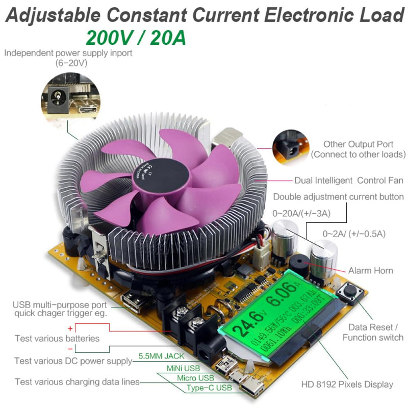 150W 20A Adjustable Constant Current Electronic Load, High Precision Discharge Resistance Capacity Tester with LCM Display 150 W