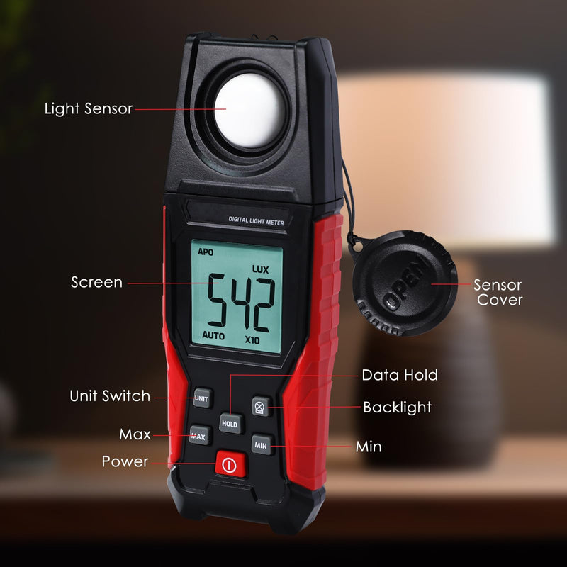 [Australia - AusPower] - Light Meter Digital Illuminance Light Lux Meter Handheld with Large LCD Display, Data Hold, Backlight, Max Reading 0.1 to 200,000 LUX Fast Response High Accuracy for Indoor & Outdoor Light Measurement 