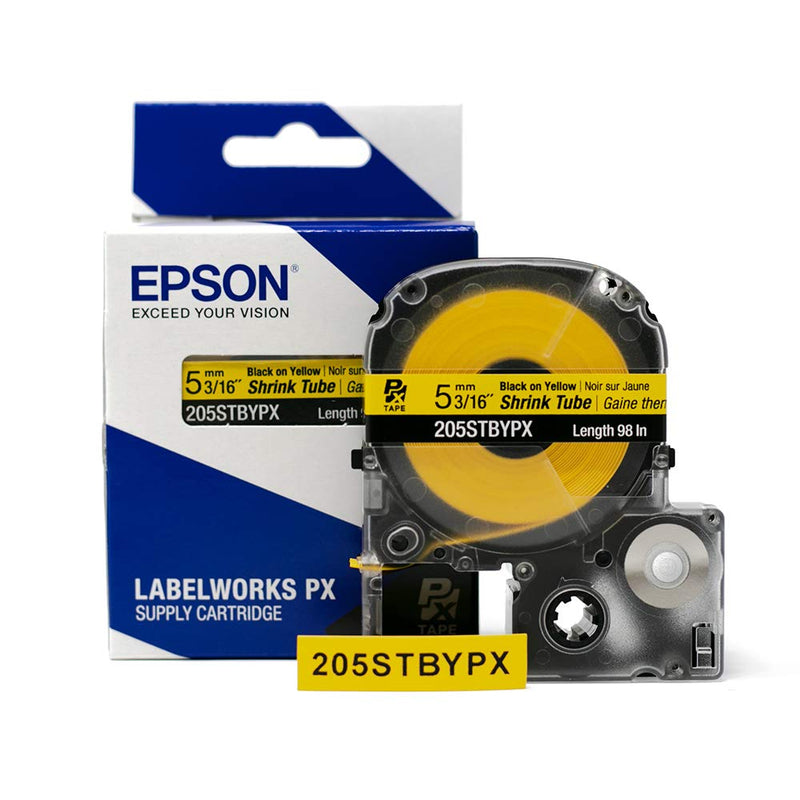 Epson LABELWORKS 205STBYPX Tape Cartridge - Black on Yellow Shrink Tube Industrial Label Maker Tape - AWG 8-12, 3/16" (5MM) Wide, 8 ft (96") 5MM(8-12AWG)